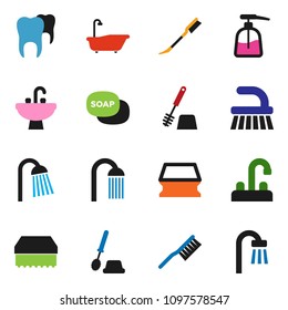 solid vector ixon set - soap vector, fetlock, sponge, car, bath, toilet brush, liquid, shower, sink, water tap, tooth