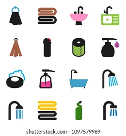solid vector ixon set - soap vector, towel, liquid, cleaning agent, toilet paper, shower, sink, bath