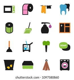 solid vector ixon set - soap vector, plunger, cleaner trolley, scoop, sponge, trash bin, window cleaning, drying clothes, liquid, toilet paper, towel, microwave oven, tooth, implant, washer