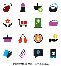 solid vector ixon set - soap vector, foam basin, rubber glove, house hold, hand mill, chicken leg, dollar coin, investment, boxing, traking, cargo, crutches, medical room, basket, tap pay