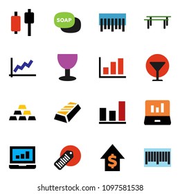 solid vector ixon set - soap vector, graph, gold ingot, japanese candle, laptop, dollar growth, horizontal bar, glass, barcode
