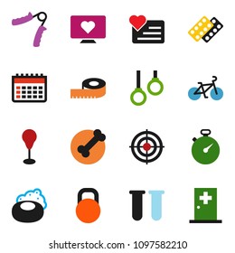 solid vector ixon set - soap vector, measuring, stopwatch, bike, hand trainer, punching bag, target, calendar, heart monitor, bone, gymnast rings, weight, vial, pills blister, medical room