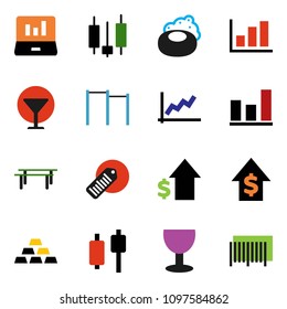 solid vector ixon set - soap vector, graph, japanese candle, laptop, dollar growth, gold ingot, horizontal bar, glass, barcode