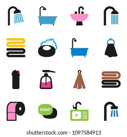 solid vector ixon set - soap vector, towel, bath, liquid, cleaning agent, toilet paper, shower, sink