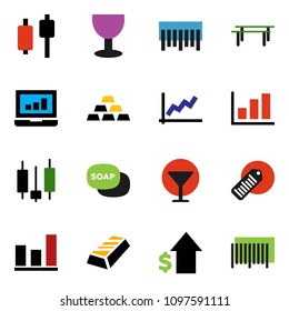 solid vector ixon set - soap vector, graph, gold ingot, japanese candle, laptop, dollar growth, horizontal bar, glass, barcode