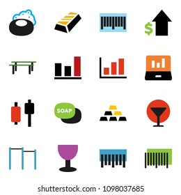 solid vector ixon set - soap vector, graph, gold ingot, japanese candle, laptop, dollar growth, horizontal bar, glass, barcode