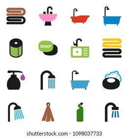 solid vector ixon set - soap vector, towel, bath, liquid, cleaning agent, toilet paper, shower, sink