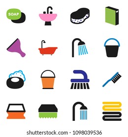 solid vector ixon set - soap vector, scraper, fetlock, bucket, sponge, bath, washing powder, shower, sink, towel