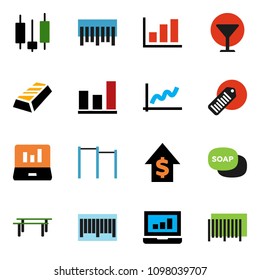 solid vector ixon set - soap vector, graph, gold ingot, japanese candle, laptop, dollar growth, horizontal bar, glass, barcode