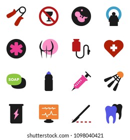 solid vector ixon set - soap vector, hand trainer, buttocks, enegry drink, water bottle, shuttlecock, no alcohol sign, heart cross, ambulance star, pregnancy, syringe, scalpel, diagnostic monitor