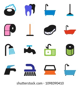 solid vector ixon set - soap vector, water tap, fetlock, mop, sponge, bath, toilet paper, shower, sink, tooth