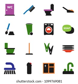 solid vector ixon set - soap vector, fetlock, mop, scoop, clothespin, trash bin, window cleaning, toilet, brush, washer, agent, plates, water closet, tap
