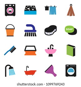 solid vector ixon set - soap vector, scraper, fetlock, bucket, sponge, bath, drying clothes, washing powder, shower, sink, towel, washer