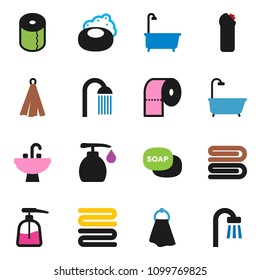 solid vector ixon set - soap vector, towel, bath, liquid, cleaning agent, toilet paper, shower, sink
