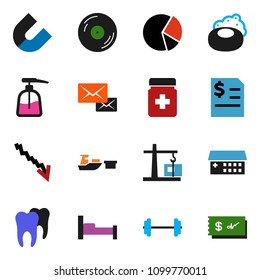 solid vector ixon set - soap vector, liquid, magnet, pie graph, crisis, annual report, barbell, port, disk, pills bottle, hospital building, tooth, mail, construction crane, check