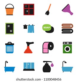 solid vector ixon set - soap vector, plunger, scraper, broom, bucket, towel, trash bin, window cleaning, bath, drying clothes, washer, liquid, shining, toilet paper