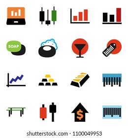 solid vector ixon set - soap vector, graph, gold ingot, japanese candle, laptop, dollar growth, horizontal bar, glass, barcode