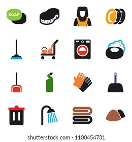 solid vector ixon set - soap vector, cleaner trolley, mop, scoop, sponge, towel, trash bin, washer, cleaning agent, rubber glove, plates, shower, woman, garbage pile