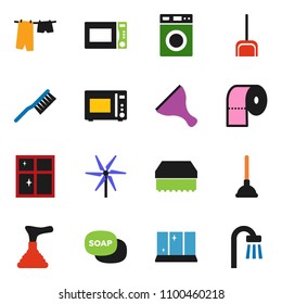 solid vector ixon set - soap vector, plunger, scraper, fetlock, scoop, sponge, drying clothes, washer, shining window, toilet paper, microwave oven, windmill, bath