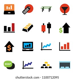 solid vector ixon set - soap vector, graph, gold ingot, japanese candle, laptop, dollar growth, horizontal bar, glass, barcode