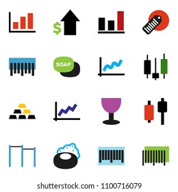 solid vector ixon set - soap vector, graph, japanese candle, dollar growth, gold ingot, horizontal bar, glass, barcode