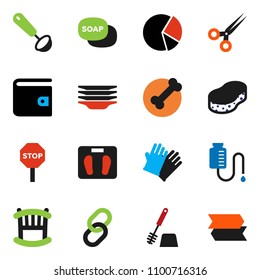 solid vector ixon set - soap vector, sponge, toilet brush, rubber glove, plates, ladle, pie graph, wallet, scales, bone, link, scissors, drop counter, stop, crib, signpost
