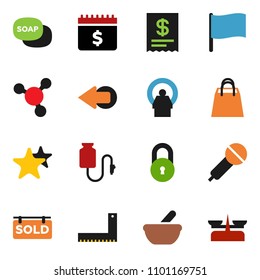 solid vector ixon set - soap vector, corner ruler, molecule, flag, dollar calendar, microphone, favorites, mortar, tomography, drop counter, arrow, lock, sold signboard, shopping bag, receipt