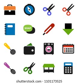 solid vector ixon set - soap vector, skimmer, copybook, compass, scissors, case, arrow down, calendar, thermometer, washer, wallet, market, calculator