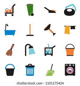 solid vector ixon set - soap vector, scraper, cleaner trolley, broom, mop, scoop, bucket, trash bin, bath, drying clothes, shower, washer