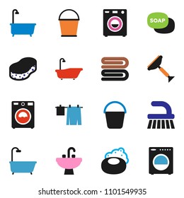 solid vector ixon set - soap vector, scraper, fetlock, bucket, sponge, towel, bath, drying clothes, washer, sink