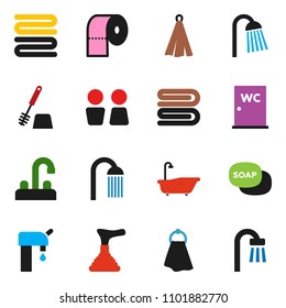 solid vector ixon set - soap vector, plunger, towel, bath, toilet brush, paper, shower, water closet, tap, supply