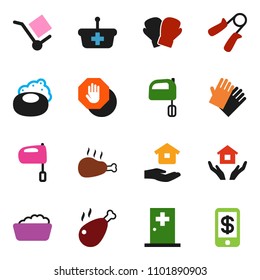 solid vector ixon set - soap vector, foam basin, rubber glove, house hold, mixer, chicken leg, hand trainer, boxing, cargo, medical room, stop, basket, tap pay