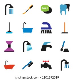 solid vector ixon set - soap vector, water tap, fetlock, mop, car, bath, toilet brush, shower, tooth
