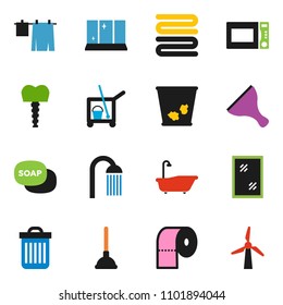 solid vector ixon set - soap vector, plunger, scraper, cleaner trolley, trash bin, window cleaning, bath, drying clothes, shining, toilet paper, shower, towel, microwave oven, tooth implant