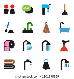 solid vector ixon set - soap vector, plunger, towel, toilet brush, paper, shower, water closet, tap, supply, bath
