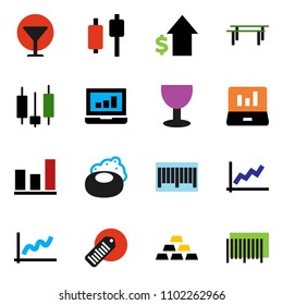 solid vector ixon set - soap vector, graph, japanese candle, laptop, dollar growth, gold ingot, horizontal bar, glass, barcode