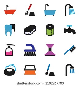 solid vector ixon set - soap vector, fetlock, sponge, water tap, car, bath, toilet brush, liquid, paper, shower, tooth