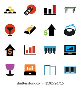 solid vector ixon set - soap vector, graph, gold ingot, laptop, dollar growth, horizontal bar, glass, barcode