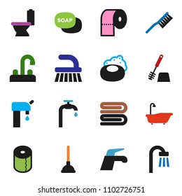 solid vector ixon set - soap vector, plunger, water tap, fetlock, towel, bath, toilet, brush, paper, supply