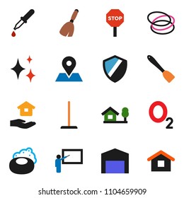 solid vector ixon set - soap vector, broom, mop, shining, house hold, spatula, blackboard, hoop, oxygen, map pin, dropper, shield, stop, chalet, barn, home