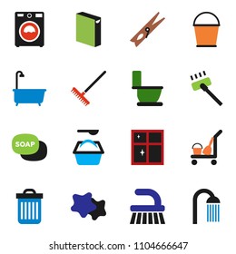solid vector ixon set - soap vector, cleaner trolley, vacuum, fetlock, rake, bucket, clothespin, trash bin, splotch, bath, toilet, washer, washing powder, shining window, shower