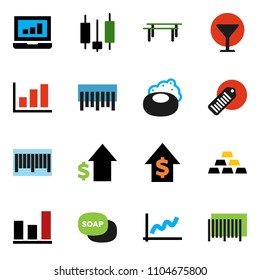 solid vector ixon set - soap vector, graph, japanese candle, laptop, dollar growth, gold ingot, horizontal bar, glass, barcode