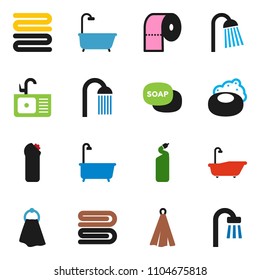 solid vector ixon set - soap vector, towel, bath, cleaning agent, toilet paper, shower, sink