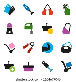 solid vector ixon set - soap vector, rubber glove, hand mill, mixer, blender, trainer, muscule, boxing, cargo, touchscreen, bandage, basket, trolley