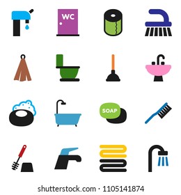 solid vector ixon set - soap vector, plunger, water tap, fetlock, toilet, brush, paper, closet, sink, towel, supply, bath