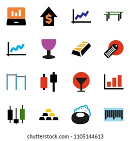 solid vector ixon set - soap vector, graph, gold ingot, japanese candle, laptop, dollar growth, horizontal bar, glass, barcode