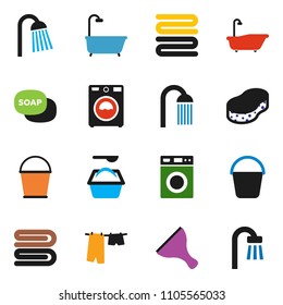 solid vector ixon set - soap vector, scraper, bucket, sponge, towel, bath, drying clothes, washer, washing powder, shower