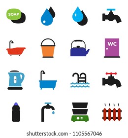 solid vector ixon set - soap vector, bucket, water drop, tap, bath, closet, kettle, double boiler, bottle, pool, supply, heating