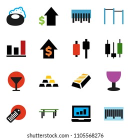 solid vector ixon set - soap vector, graph, gold ingot, japanese candle, laptop, dollar growth, horizontal bar, glass, barcode