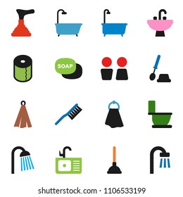 solid vector ixon set - soap vector, plunger, fetlock, towel, bath, toilet, brush, paper, shower, water closet, sink